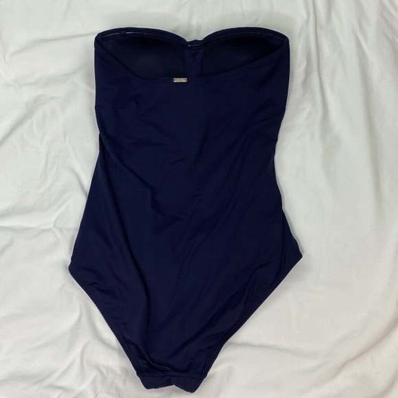 Anne Cole Strapless Navy Blue Shirred Bandeau One Piece Swimsuit Size 12 - Picture 3 of 3